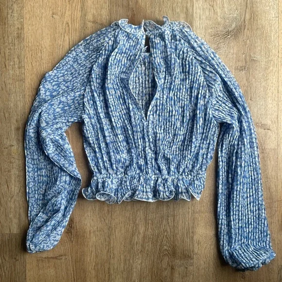 C/MEO Collective Blue White Floral Pleated Long Sleeve Ruffle Hem Blouse XS boho - Picture 4 of 5